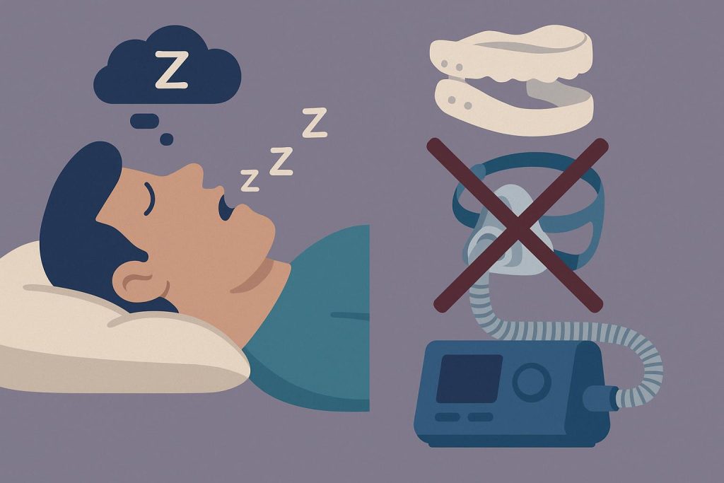 CPAP machine beside bed with alternative sleep apnoea therapy options displayed on nightstand