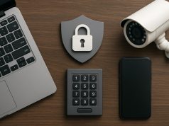 Cybersecurity tools and modern tech devices protecting business data and digital assets