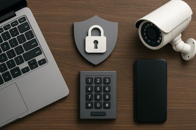 Cybersecurity tools and modern tech devices protecting business data and digital assets