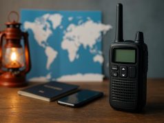 Modern walkie-talkie device showcased for travel, workplace communication, and emergency use