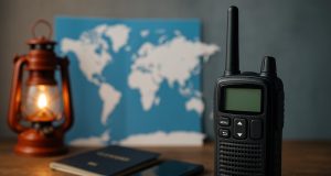 Modern walkie-talkie device showcased for travel, workplace communication, and emergency use
