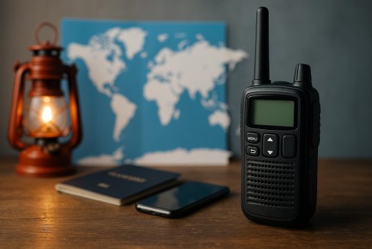 Modern walkie-talkie device showcased for travel, workplace communication, and emergency use