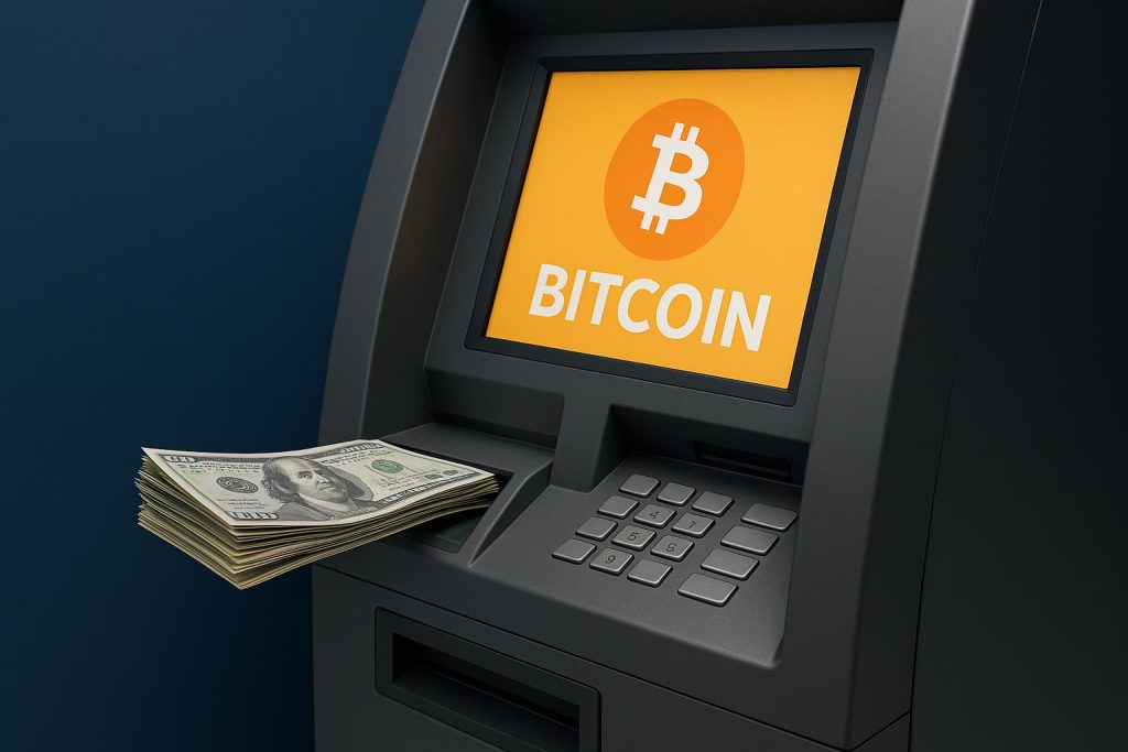 Bitcoin ATM dispensing cash, illustrating step-by-step instant cryptocurrency transaction process