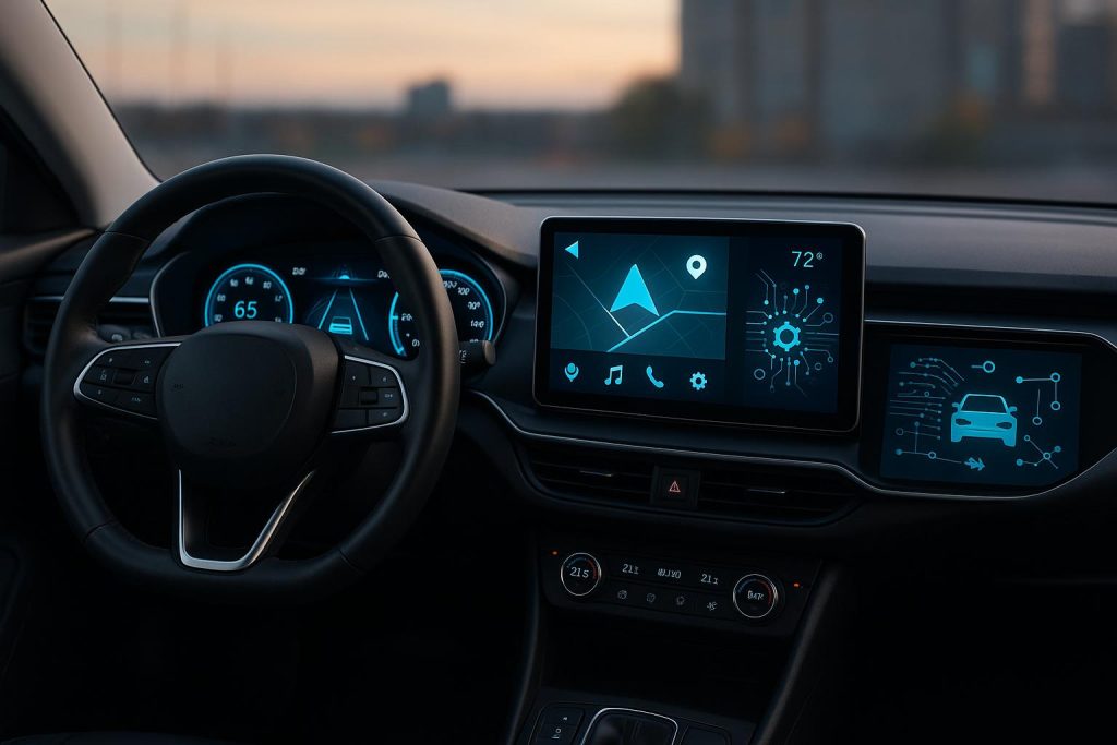 Modern car dashboard displaying advanced digital software and automotive technology features