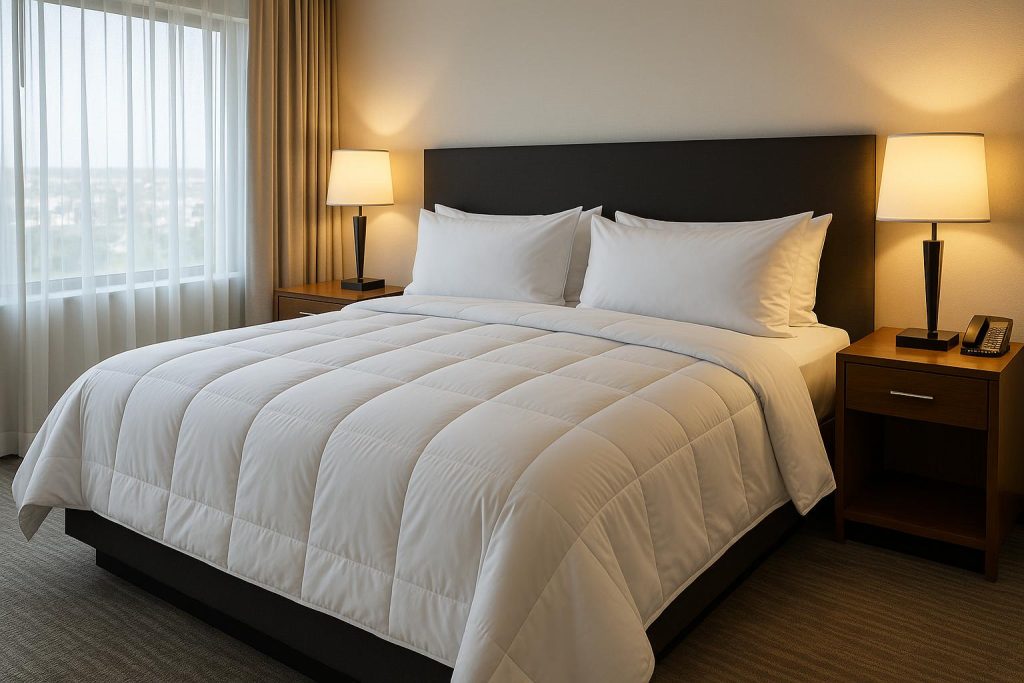 Luxurious hotel bed with white down comforter and pillows, showcasing premium bedding style