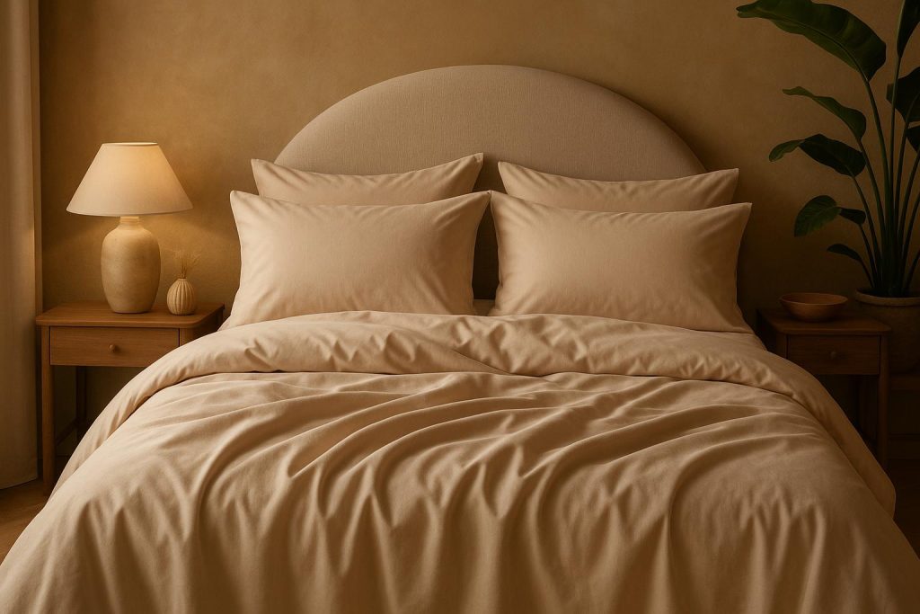 Luxurious Egyptian cotton sheets on a neatly made bed, adding elegance to modern bedroom décor
