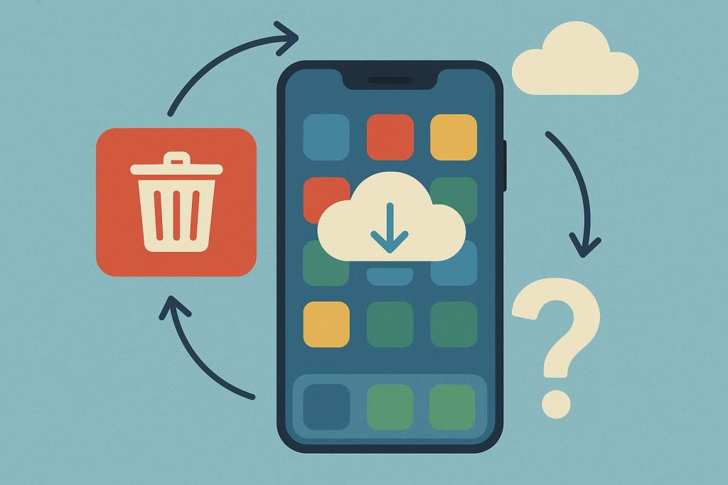 Smartphone screen showing deleted and reinstalled app icons, illustrating user app behavior