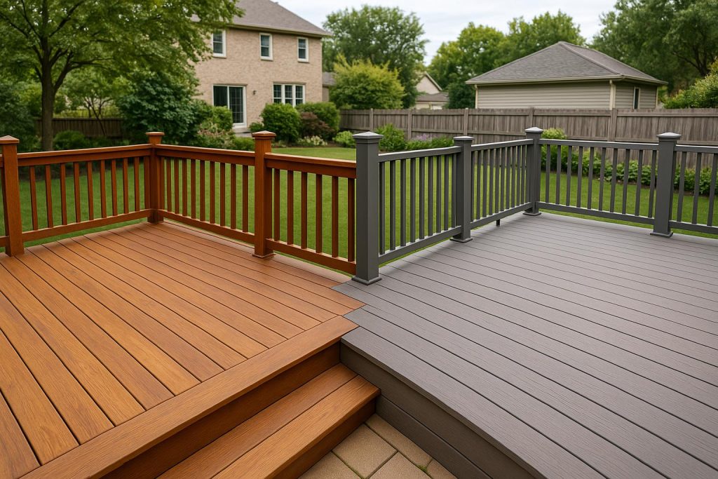 Wood vs composite deck comparison in Chicagoland suburban backyard, highlighting ROI differences