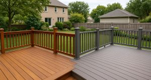 Wood vs composite deck comparison in Chicagoland suburban backyard, highlighting ROI differences