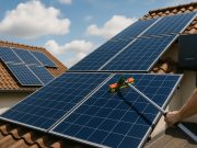 Solar panels installed on a residential roof with clear blue sky, symbolizing investment and maintenance