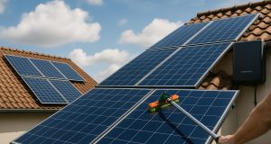 Solar panels installed on a residential roof with clear blue sky, symbolizing investment and maintenance