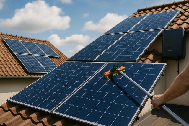 Solar panels installed on a residential roof with clear blue sky, symbolizing investment and maintenance