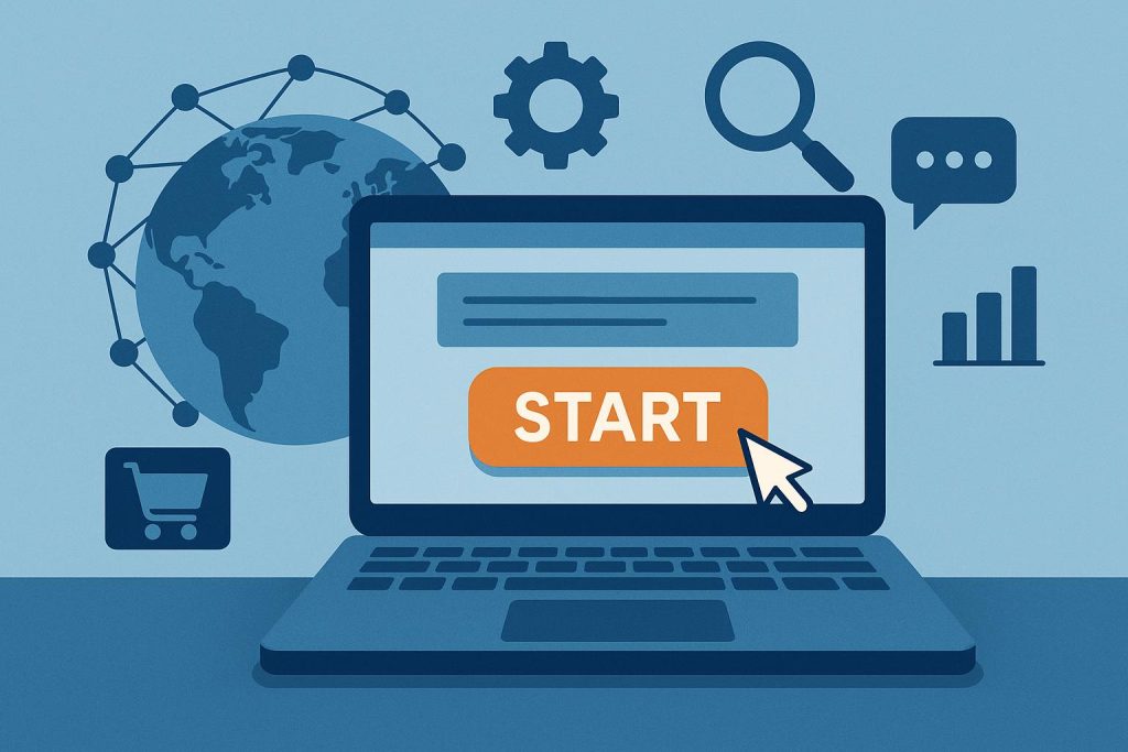 Laptop displaying world map and digital connections symbolizing global online platform startup