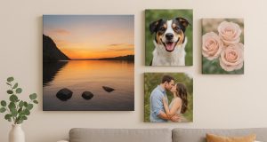 Modern living room with colorful canvas prints showcasing personalized wall decor ideas