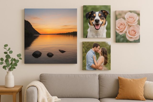 Modern living room with colorful canvas prints showcasing personalized wall decor ideas