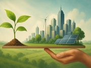 Lush green landscape with sustainable development illustrating harmony between growth and environment