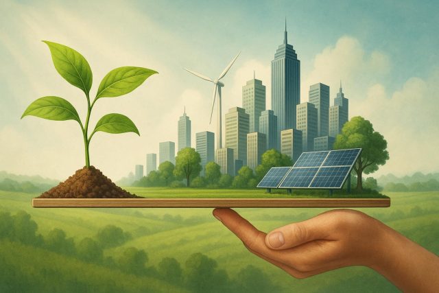 Balancing Growth with Environmental Responsibility Lush green landscape with sustainable development illustrating harmony between growth and environment