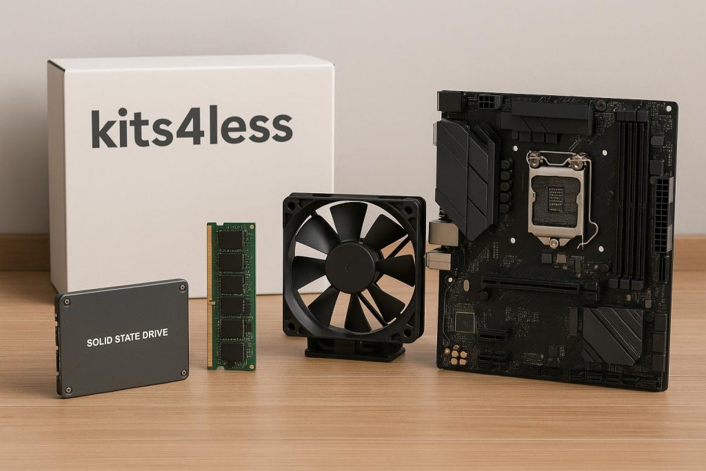 Kits4Less branded products displayed with quality testing equipment and affordable packaging