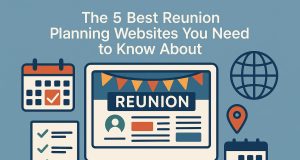 Top reunion planning websites displayed on laptop and smartphone with event planning tools