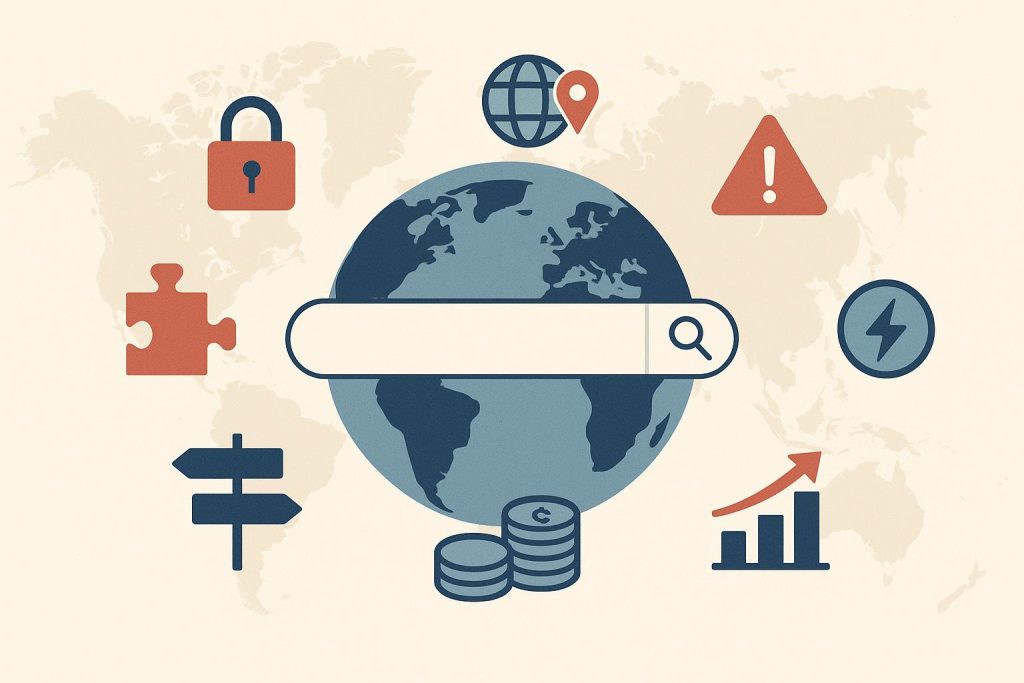World map with location markers and search icons representing global SEO challenges for businesses