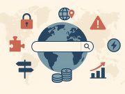 World map with location markers and search icons representing global SEO challenges for businesses