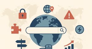 World map with location markers and search icons representing global SEO challenges for businesses