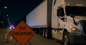 Florida DUI checkpoint sign near commercial trucks, highlighting laws for commercial drivers