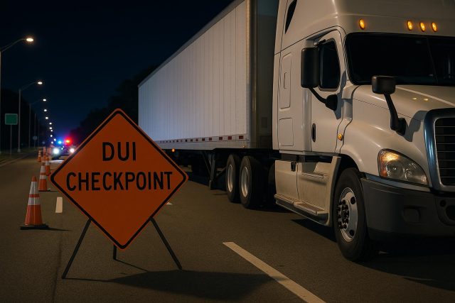 How DUI Checkpoints Apply to Commercial Drivers in Florida Florida DUI checkpoint sign near commercial trucks, highlighting laws for commercial drivers