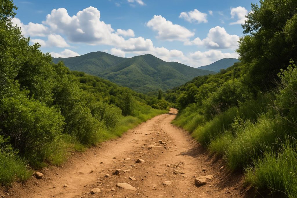 Scenic trail in a new destination with hiking gear, highlighting travel hiking tips and safety