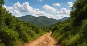 Scenic trail in a new destination with hiking gear, highlighting travel hiking tips and safety