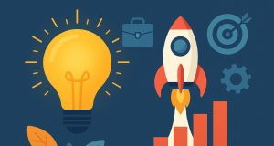 Startup workspace with laptop, business plan notes, and coffee highlighting new business ideas