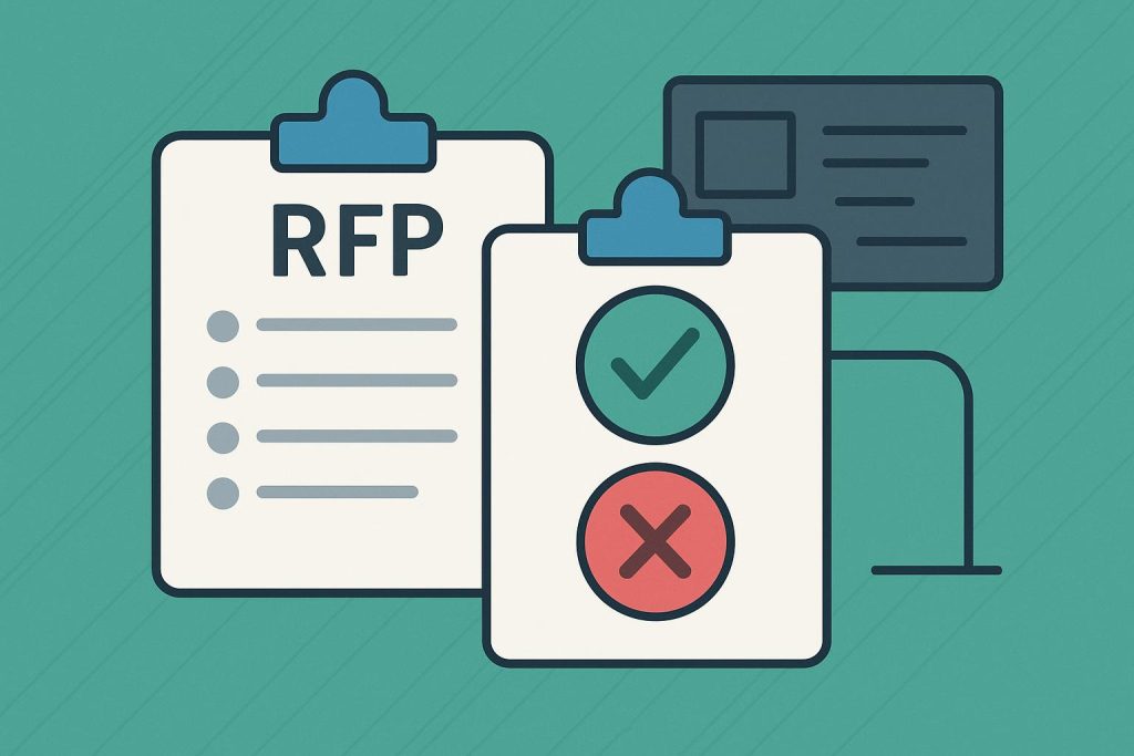 Business software selection process with RFP documents and digital tools on a desk