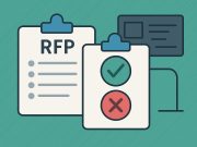 Business software selection process with RFP documents and digital tools on a desk