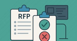 Business software selection process with RFP documents and digital tools on a desk