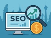 SEO pricing graph and Bangkok skyline illustrating digital marketing costs in the city