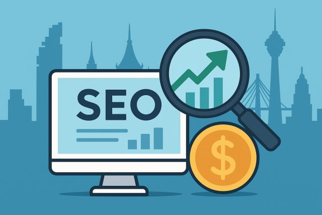 SEO pricing graph and Bangkok skyline illustrating digital marketing costs in the city