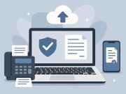 Online fax service dashboard on laptop and smartphone illustrating secure business communication