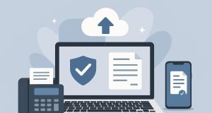 Online fax service dashboard on laptop and smartphone illustrating secure business communication