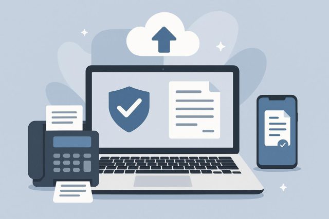 Online fax service dashboard on laptop and smartphone illustrating secure business communication