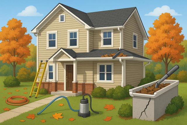 Homeowner inspecting gutters and roof during seasonal maintenance to prevent structural damage