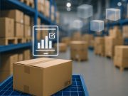 Warehouse shelves with barcode scanners and software dashboard for real-time inventory tracking