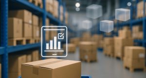 Warehouse shelves with barcode scanners and software dashboard for real-time inventory tracking