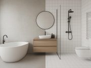 Modern bathroom rendered with 3D design software showcasing innovative remodeling features