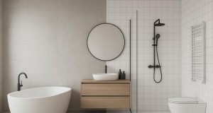 Modern bathroom rendered with 3D design software showcasing innovative remodeling features