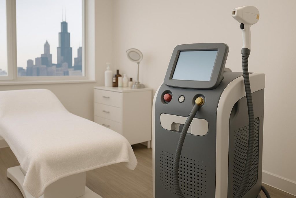 Close-up of advanced laser hair removal device treating sensitive skin area in a Chicago clinic