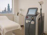 Close-up of advanced laser hair removal device treating sensitive skin area in a Chicago clinic