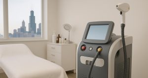 Close-up of advanced laser hair removal device treating sensitive skin area in a Chicago clinic