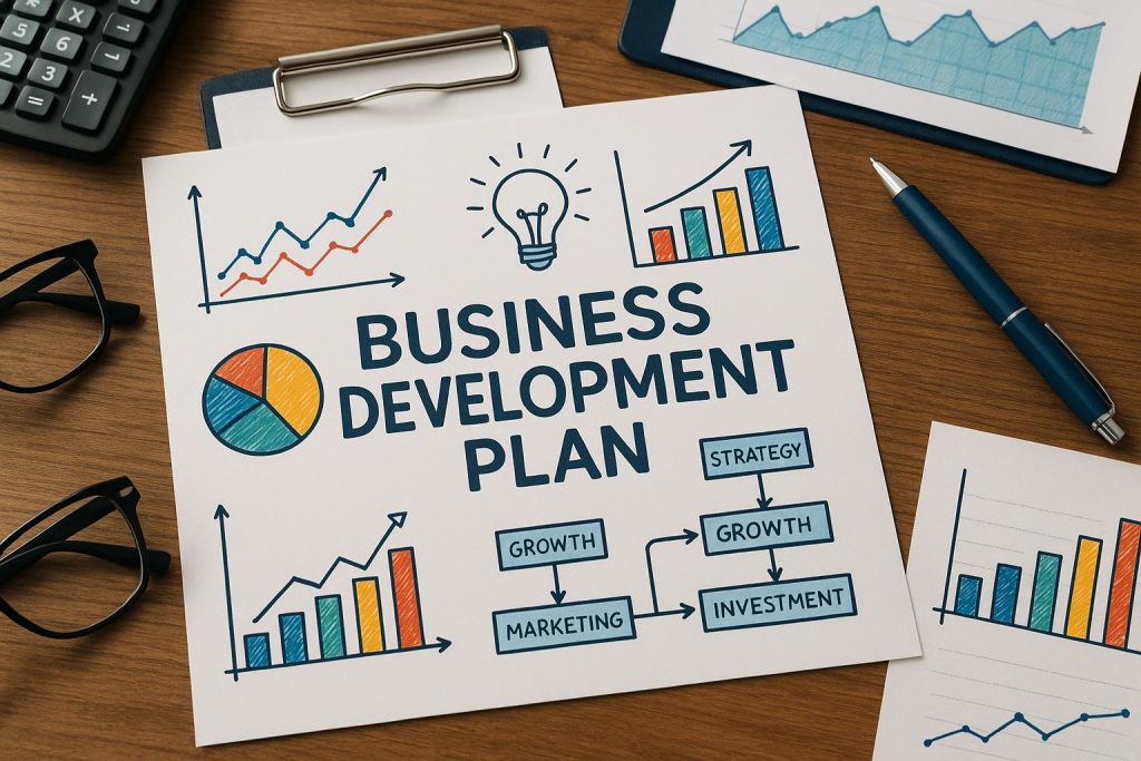 Business development strategy plan with charts and graphs representing Joff Philossaint’s approach
