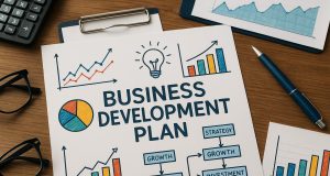 Business development strategy plan with charts and graphs representing Joff Philossaint’s approach