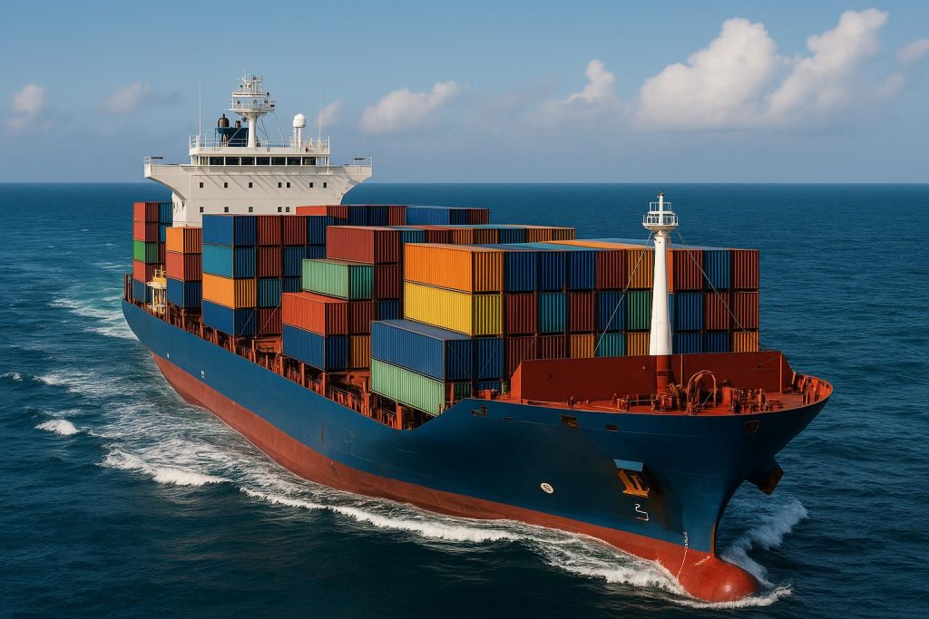 Container ship at sea transporting cargo, illustrating marine cargo insurance premium factors